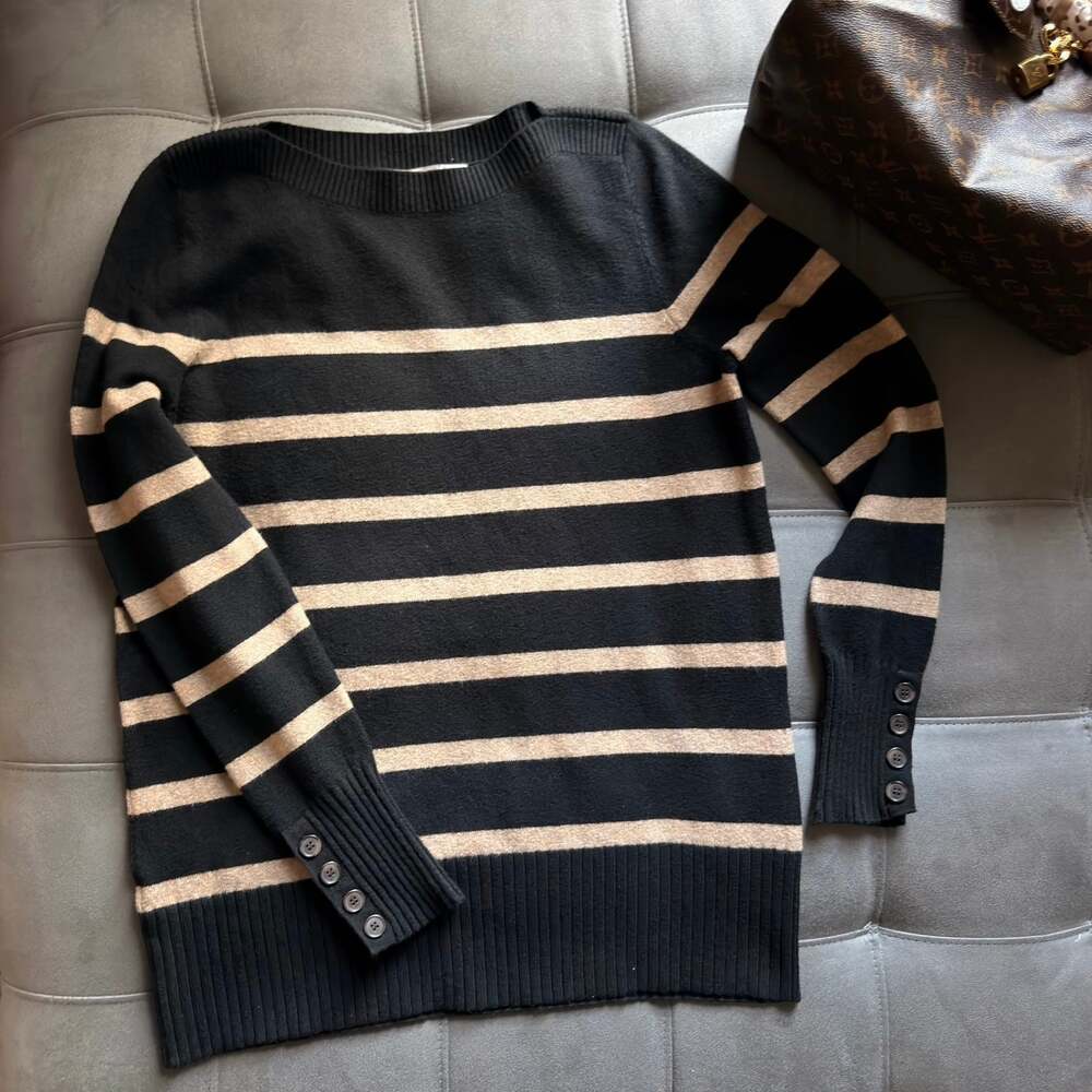 LOFT Black Tan Striped Crewneck Sweater Large Button Cuffs